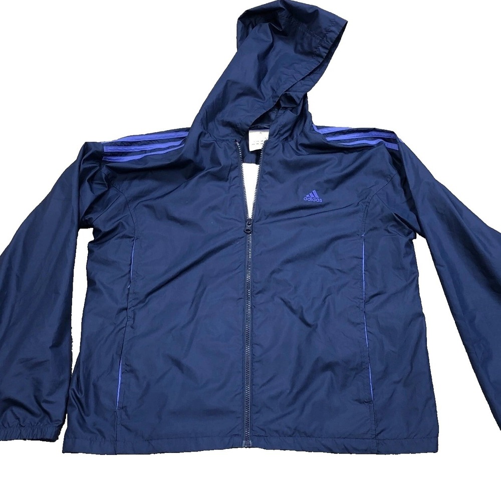 Adidas Jacket Women Large Blue Full Zip Windbreaker Hooded Rain Coat Track Lined